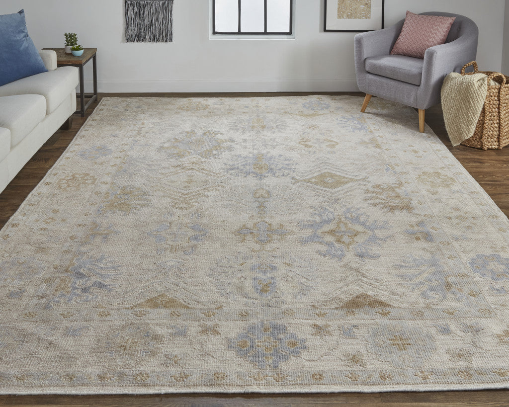 8 x 10 Ivory Tan & Blue Floral Hand Knotted Stain Resistant Rug