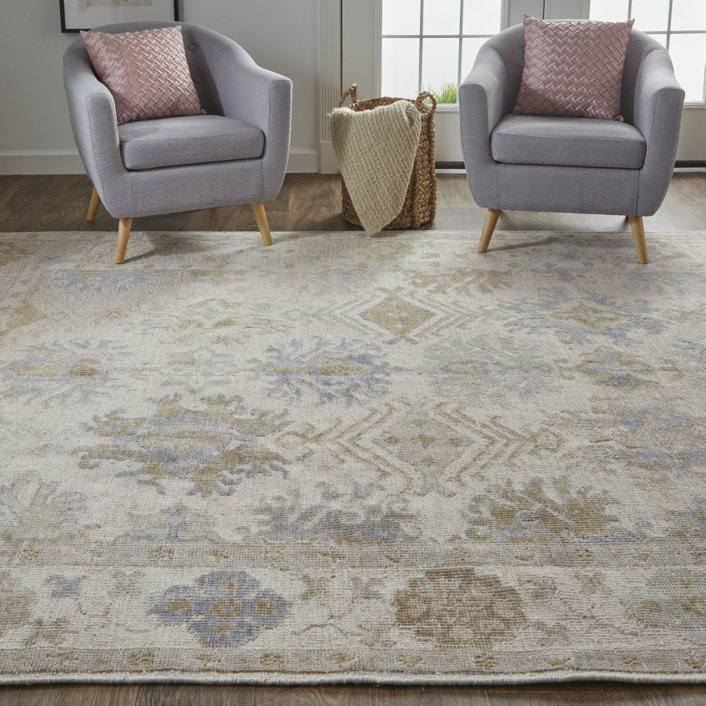 8 x 10 Ivory Tan & Blue Floral Hand Knotted Stain Resistant Rug