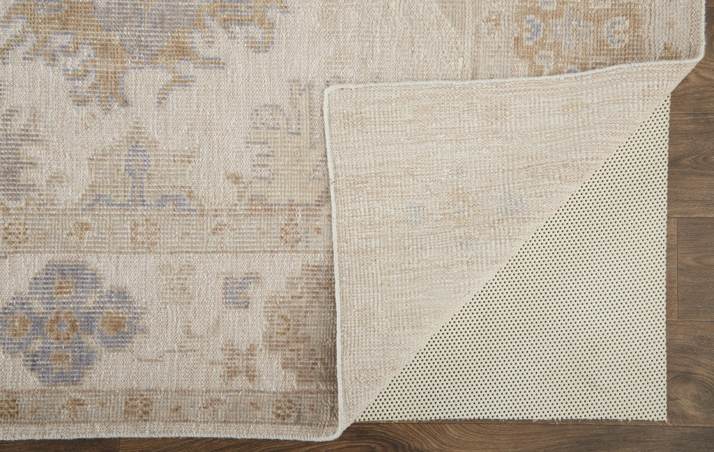 8 x 10 Ivory Tan & Blue Floral Hand Knotted Stain Resistant Rug