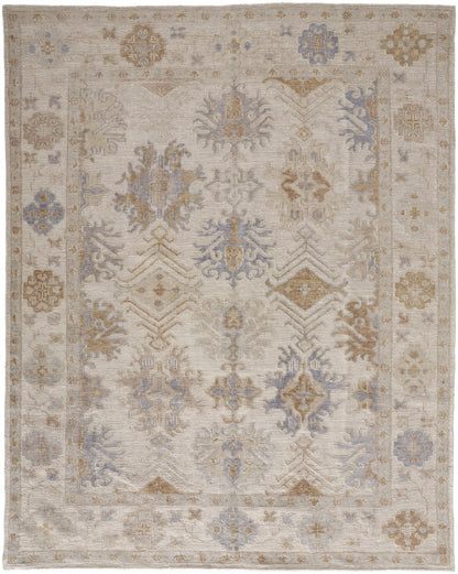 9 x 12 Ivory Tan & Blue Floral Hand Knotted Stain Resistant Rug