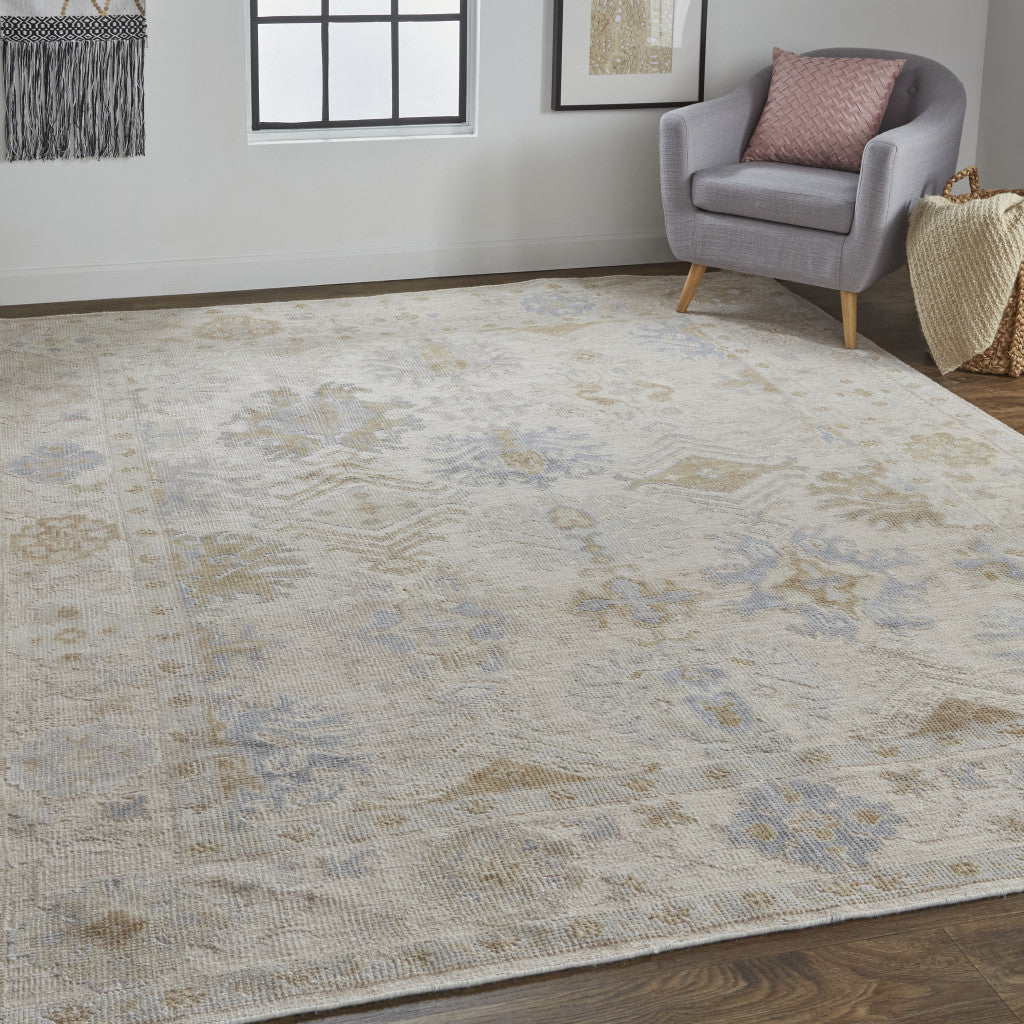 9 x 12 Ivory Tan & Blue Floral Hand Knotted Stain Resistant Rug