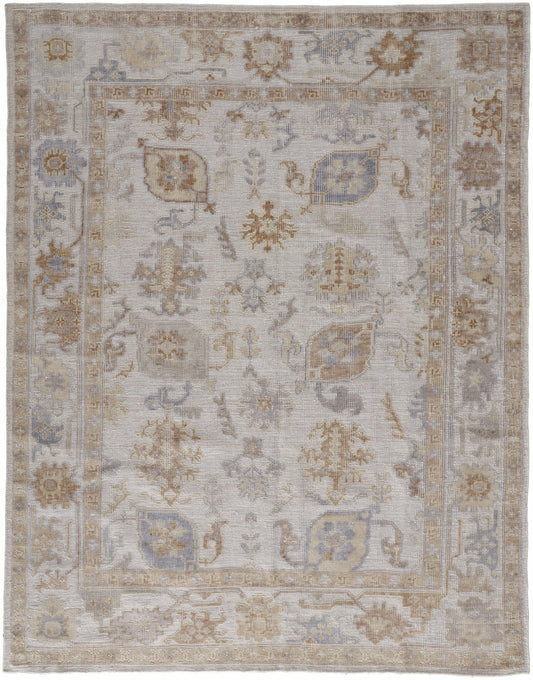 8 x 10 Ivory & Tan Floral Hand Knotted Stain Resistant Rug