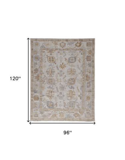 8 x 10 Ivory & Tan Floral Hand Knotted Stain Resistant Rug
