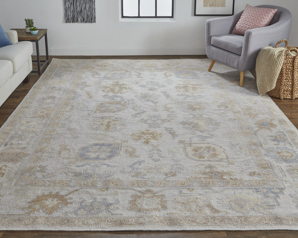 8 x 10 Ivory & Tan Floral Hand Knotted Stain Resistant Rug