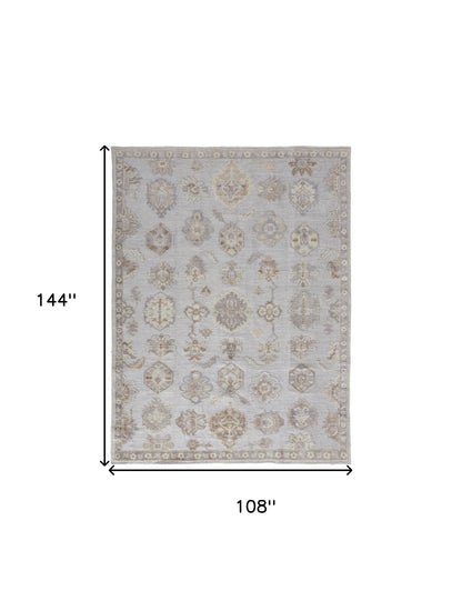 9 x 12 Ivory Silver & Tan Floral Hand Knotted Stain Resistant Rug