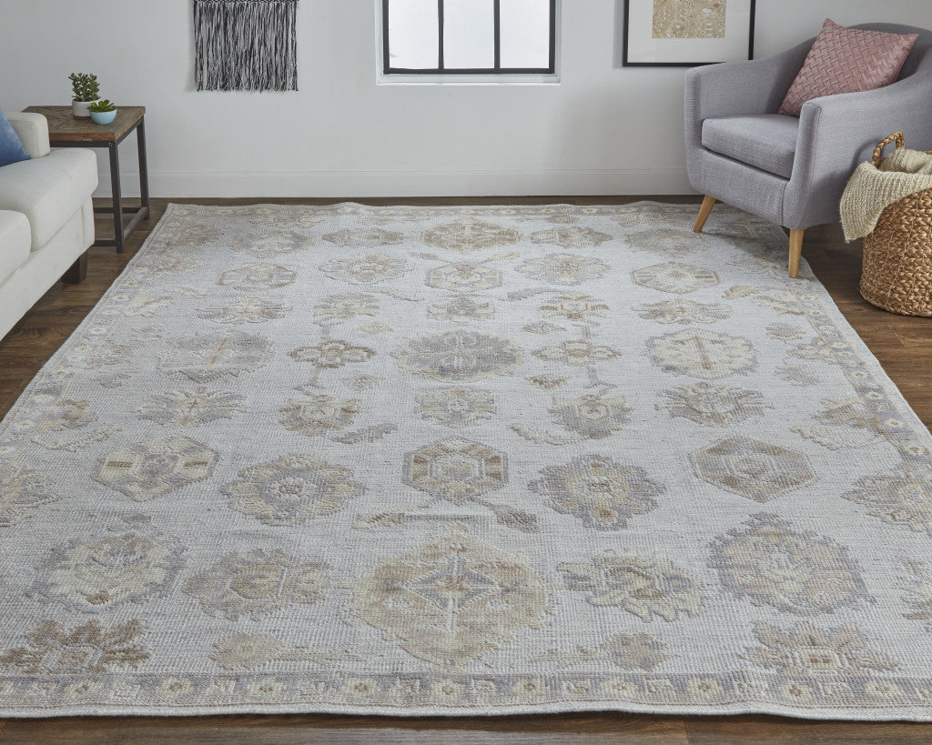 9 x 12 Ivory Silver & Tan Floral Hand Knotted Stain Resistant Rug