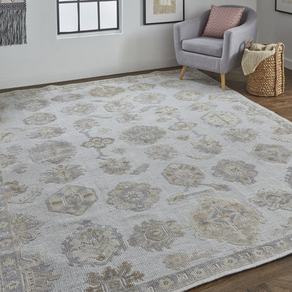 9 x 12 Ivory Silver & Tan Floral Hand Knotted Stain Resistant Rug