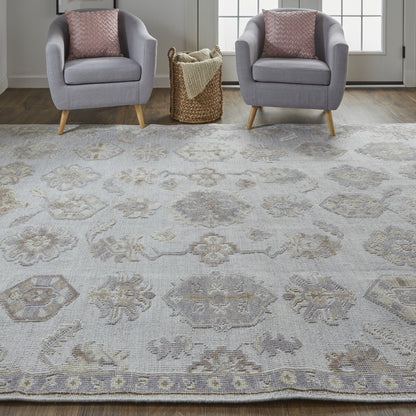 9 x 12 Ivory Silver & Tan Floral Hand Knotted Stain Resistant Rug