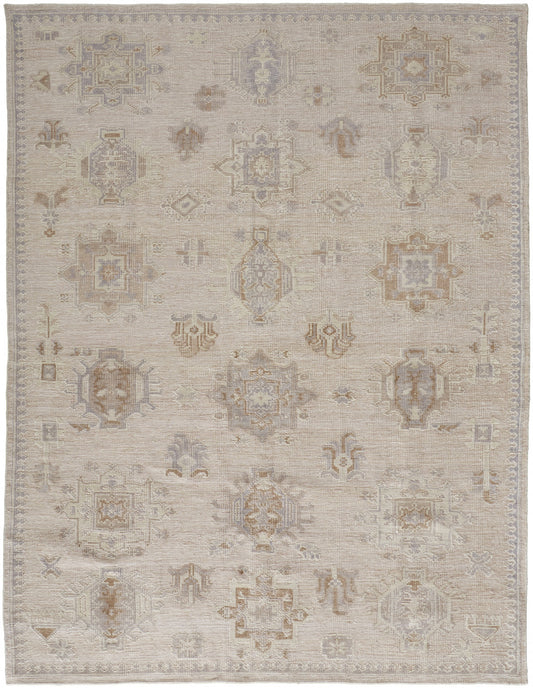 9 x 12 Tan & Brown Floral Hand Knotted Stain Resistant Rug