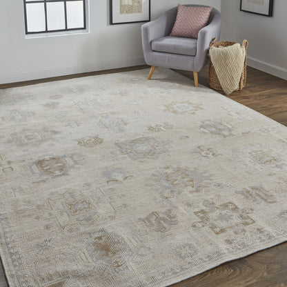 9 x 12 Tan & Brown Floral Hand Knotted Stain Resistant Rug