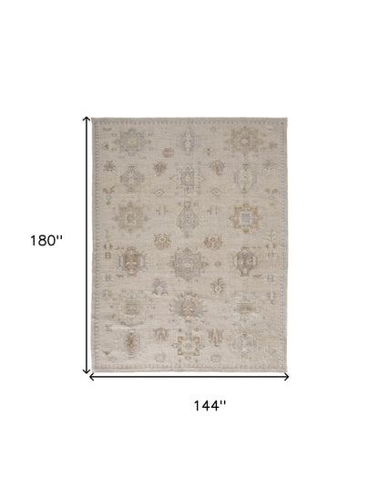 12 x 15 Tan & Brown Floral Hand Knotted Stain Resistant Rug