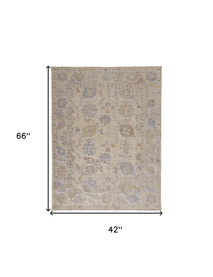 4 x 6 Tan Orange & Blue Floral Hand Knotted Stain Resistant Rug