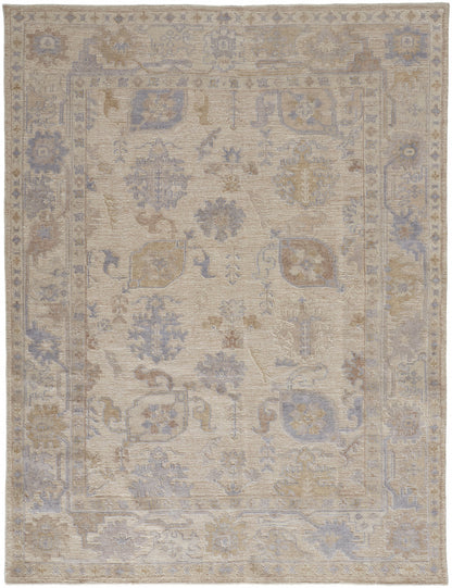 9 x 12 Tan Orange & Blue Floral Hand Knotted Stain Resistant Rug