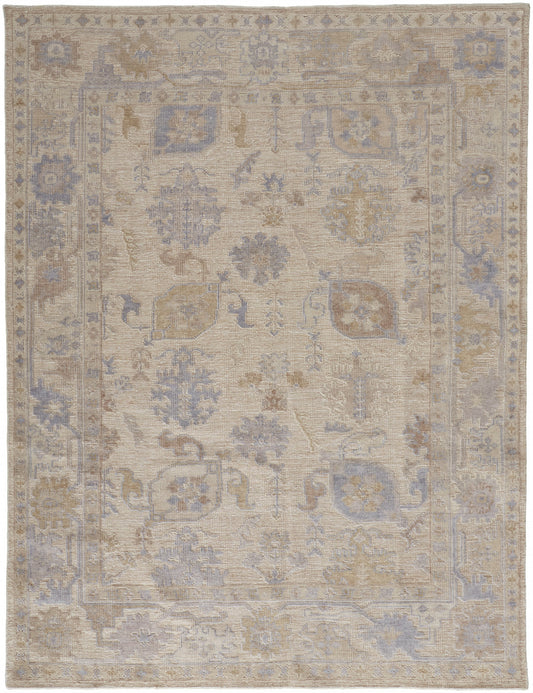 9 x 12 Tan Orange & Blue Floral Hand Knotted Stain Resistant Rug