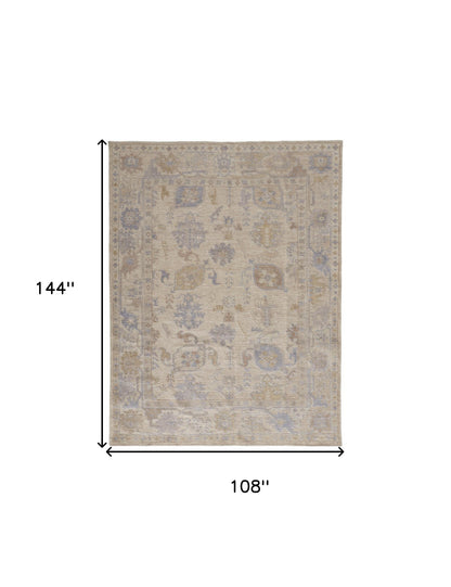 9 x 12 Tan Orange & Blue Floral Hand Knotted Stain Resistant Rug
