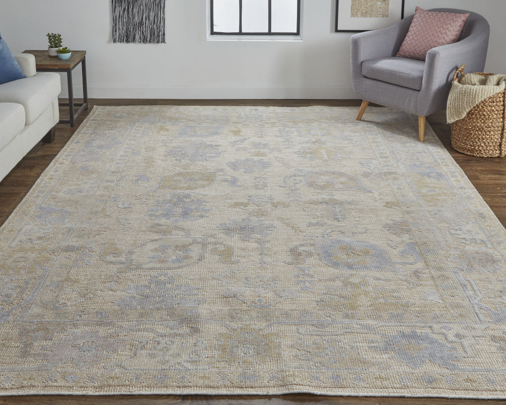 9 x 12 Tan Orange & Blue Floral Hand Knotted Stain Resistant Rug