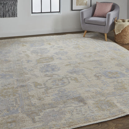 9 x 12 Tan Orange & Blue Floral Hand Knotted Stain Resistant Rug