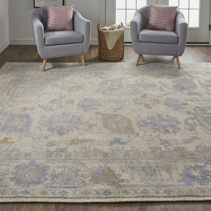9 x 12 Tan Orange & Blue Floral Hand Knotted Stain Resistant Rug