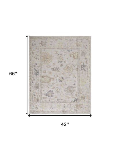 4 x 6 Tan Ivory & Orange Floral Hand Knotted Stain Resistant Rug