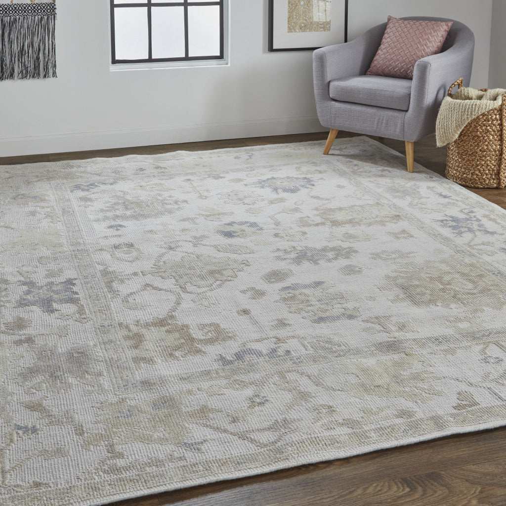 9 x 12 Tan Ivory & Orange Floral Hand Knotted Stain Resistant Rug