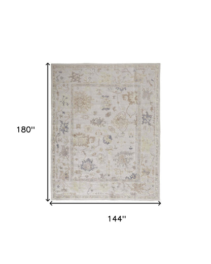 12 x 15 Tan Ivory & Orange Floral Hand Knotted Stain Resistant Rug