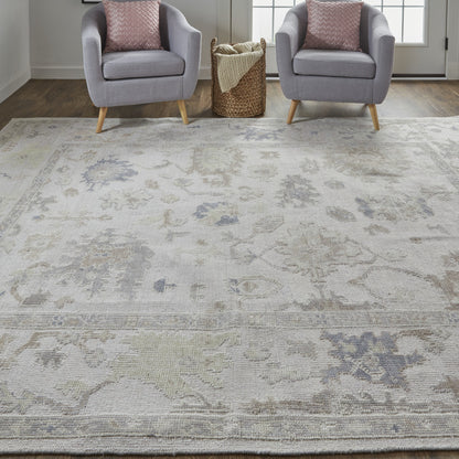 12 x 15 Tan Ivory & Orange Floral Hand Knotted Stain Resistant Rug