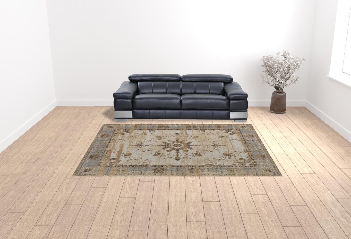 9 x 12 Tan Brown & Gray Power Loom Distressed Rug