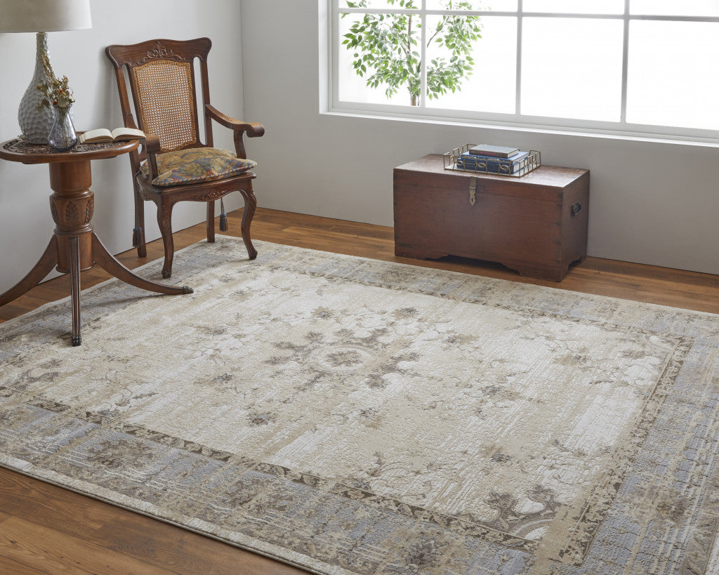 9 x 12 Tan Brown & Gray Power Loom Distressed Rug