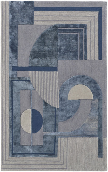 12 x 15 Blue Ivory & Gray Wool Striped Tufted Handmade Rug