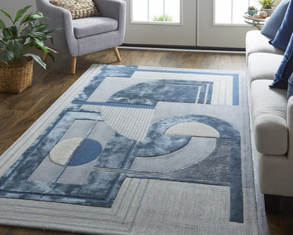 12 x 15 Blue Ivory & Gray Wool Striped Tufted Handmade Rug
