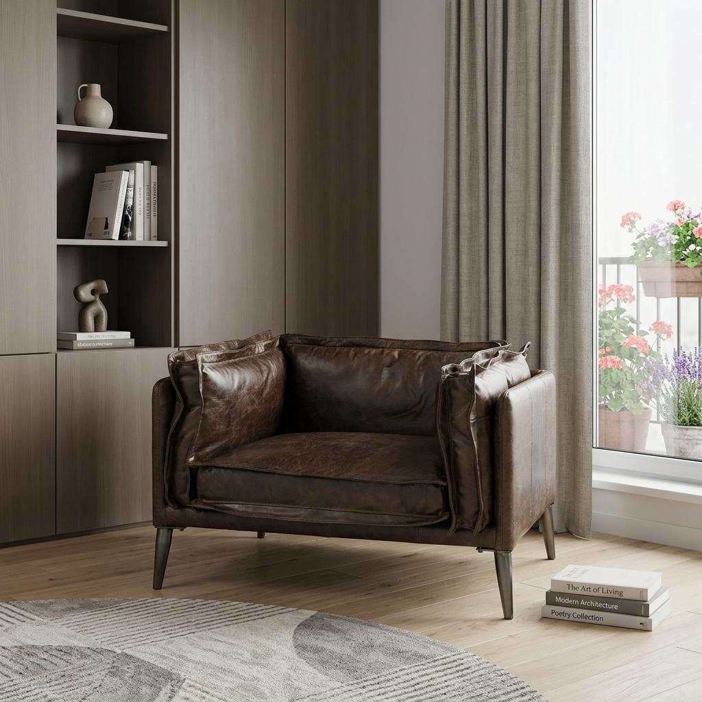 Brown & Black Top Grain Leather Chair and a Half