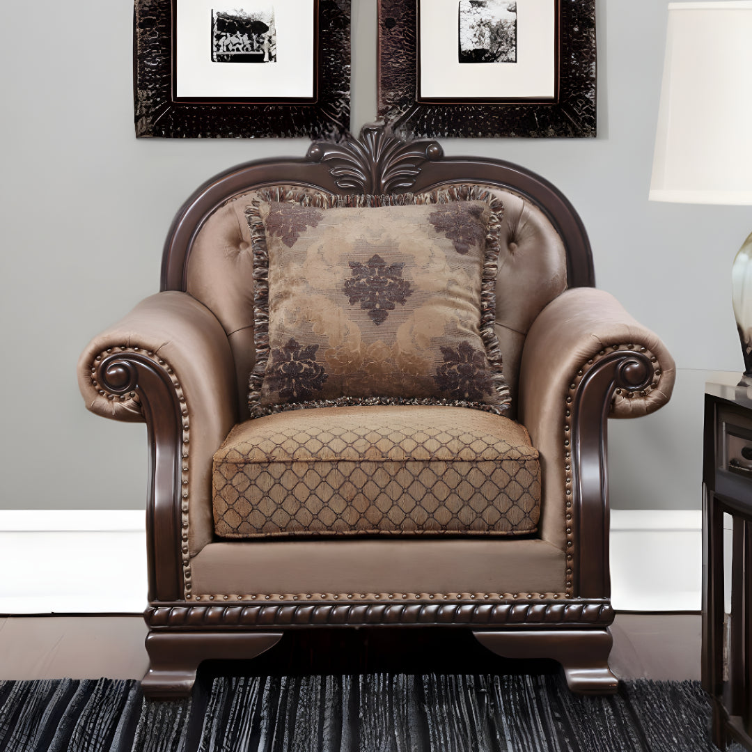 Tan & Espresso Fabric Arm Chair
