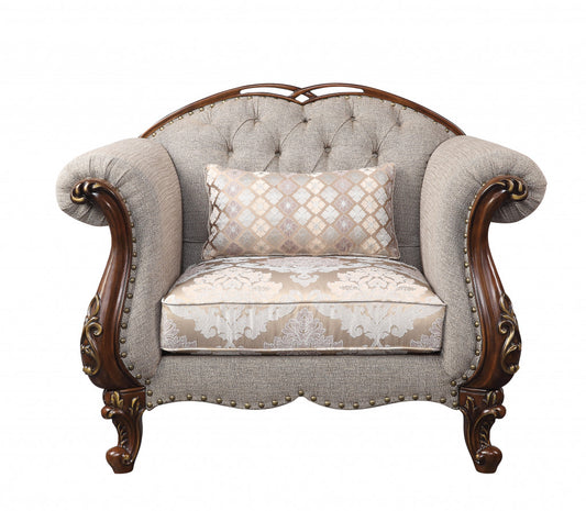 Beige & Brown Fabric Floral Arm Chair