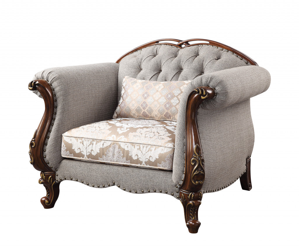 Beige & Brown Fabric Floral Arm Chair