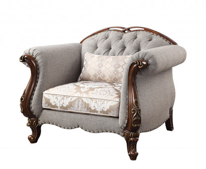 Beige & Brown Fabric Floral Arm Chair