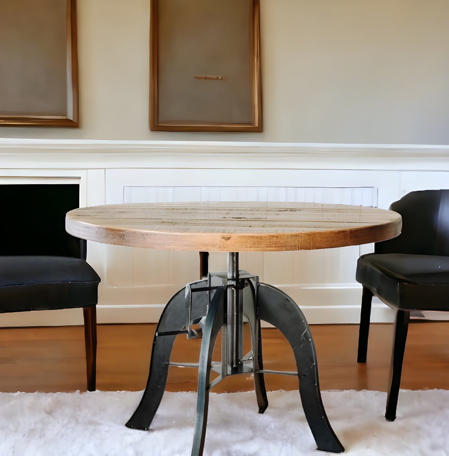 Brown And Black Rounded Solid Wood And Steel Pedestal Base Dining Table