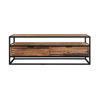 Brown & Black Solid Wood & Metal Coffee Table w/ 2 Drawers
