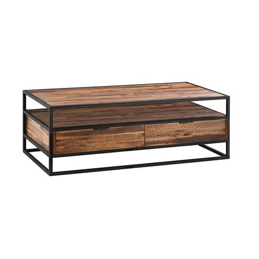 Brown & Black Solid Wood & Metal Coffee Table w/ 2 Drawers