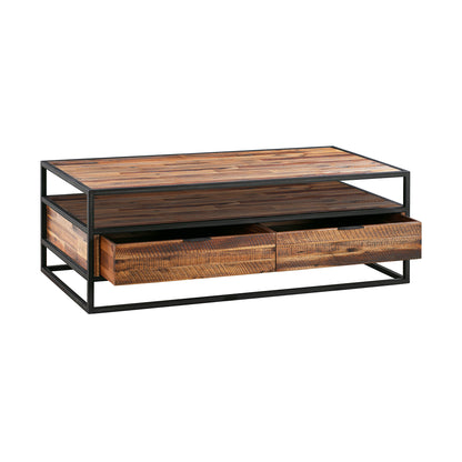 Brown & Black Solid Wood & Metal Coffee Table w/ 2 Drawers