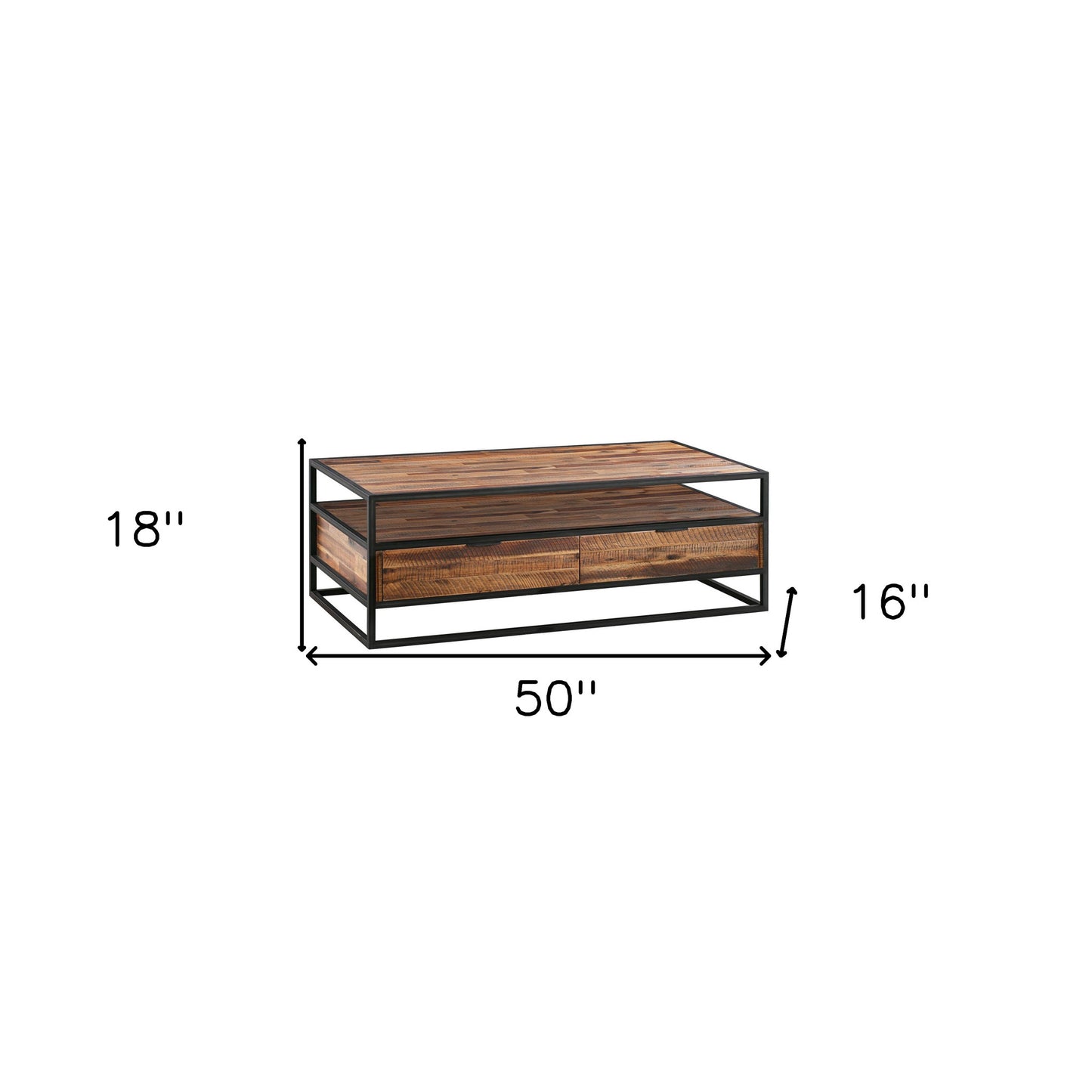 Brown & Black Solid Wood & Metal Coffee Table w/ 2 Drawers