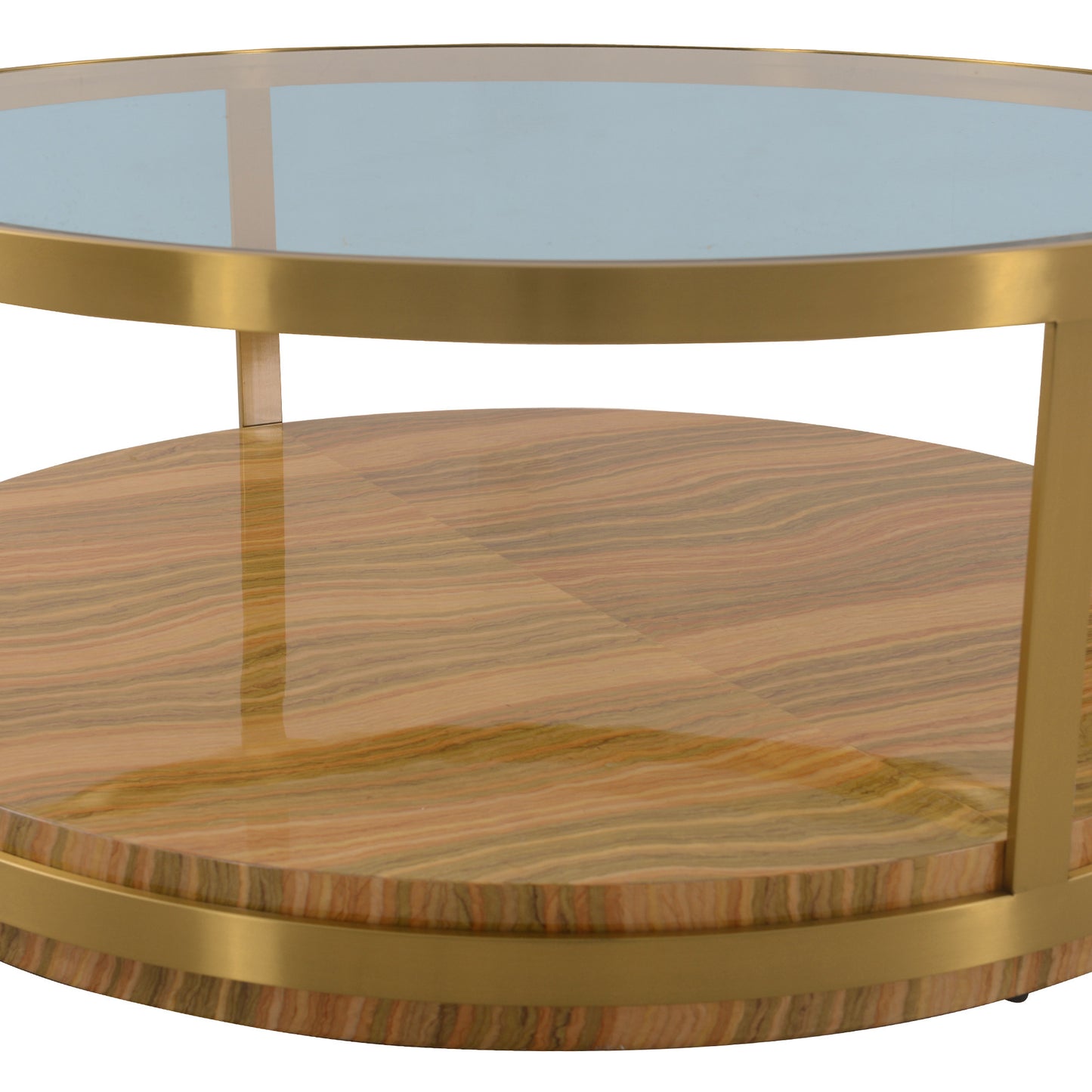 Clear Gold & Brown Glass Wood & Metal Round Coffee Table