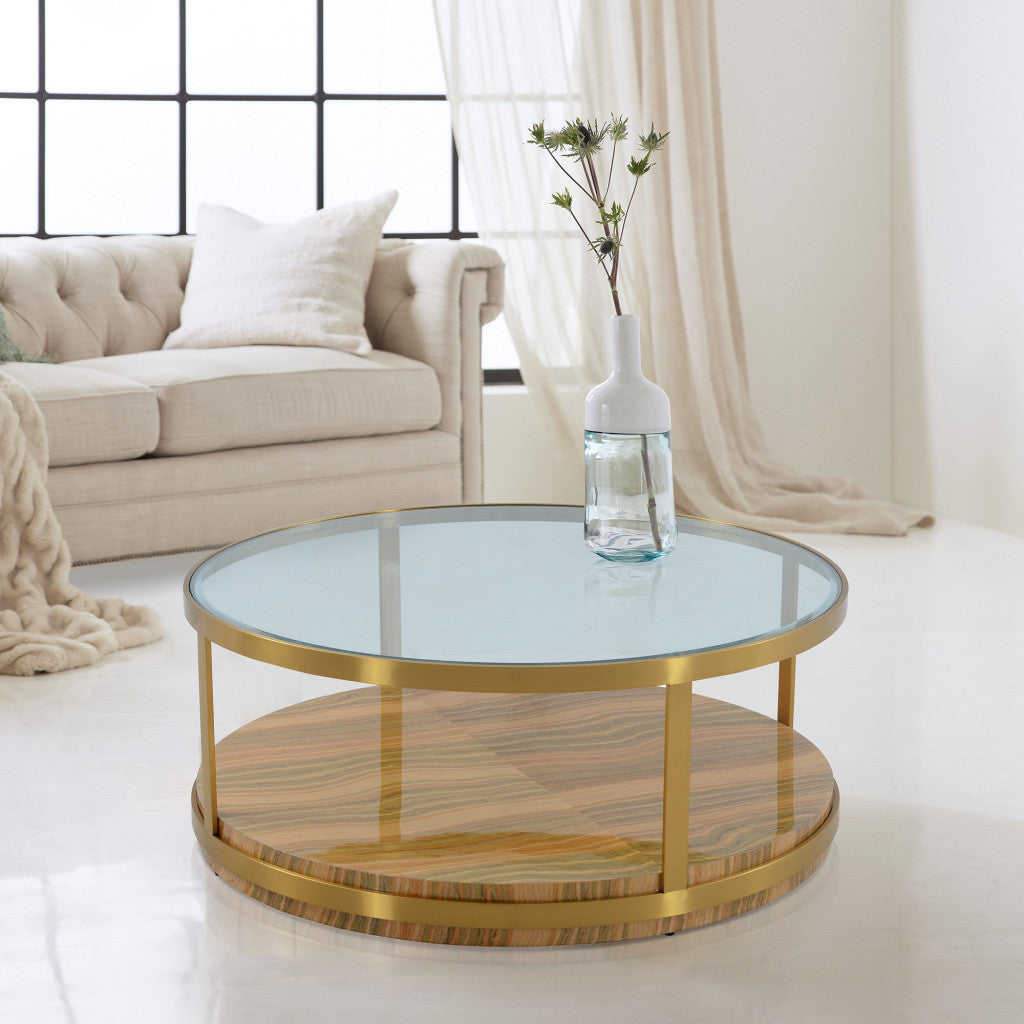 Clear Gold & Brown Glass Wood & Metal Round Coffee Table