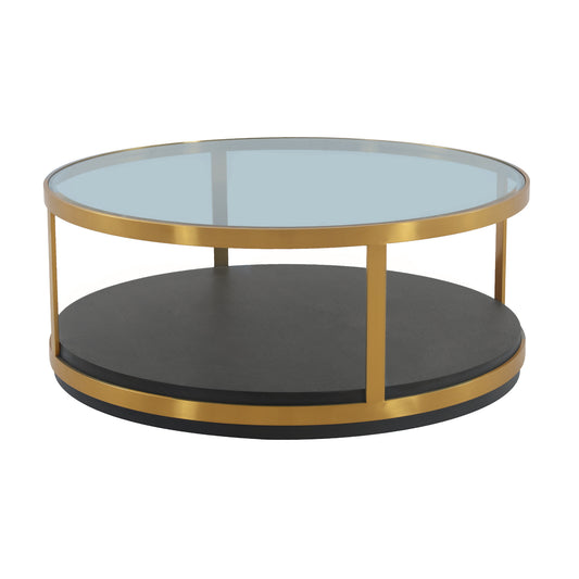 Clear Black & Gold Glass Wood & Metal Round Coffee Table