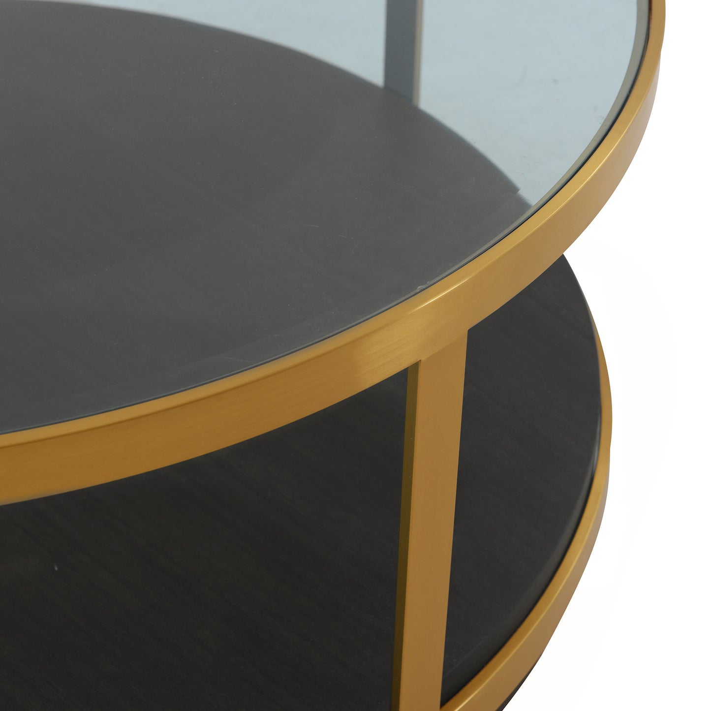 Clear Black & Gold Glass Wood & Metal Round Coffee Table