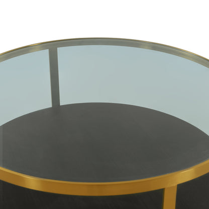 Clear Black & Gold Glass Wood & Metal Round Coffee Table