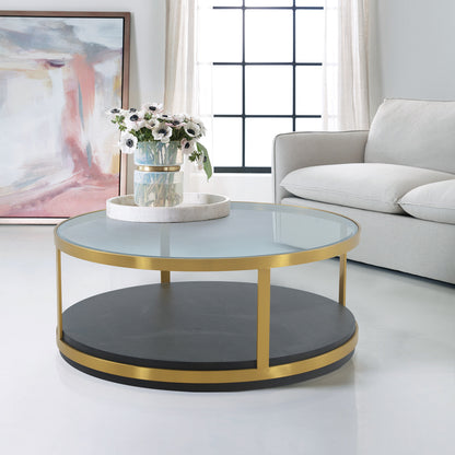 Clear Black & Gold Glass Wood & Metal Round Coffee Table