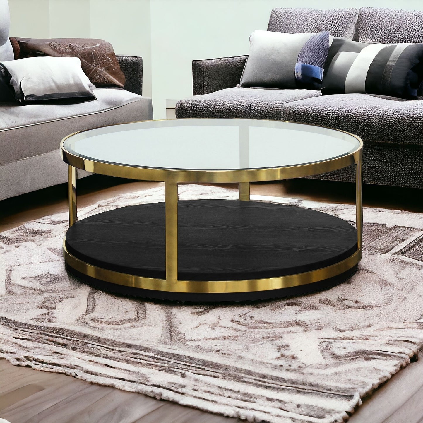 Black & Gold Glass & Metal Round Coffee Table