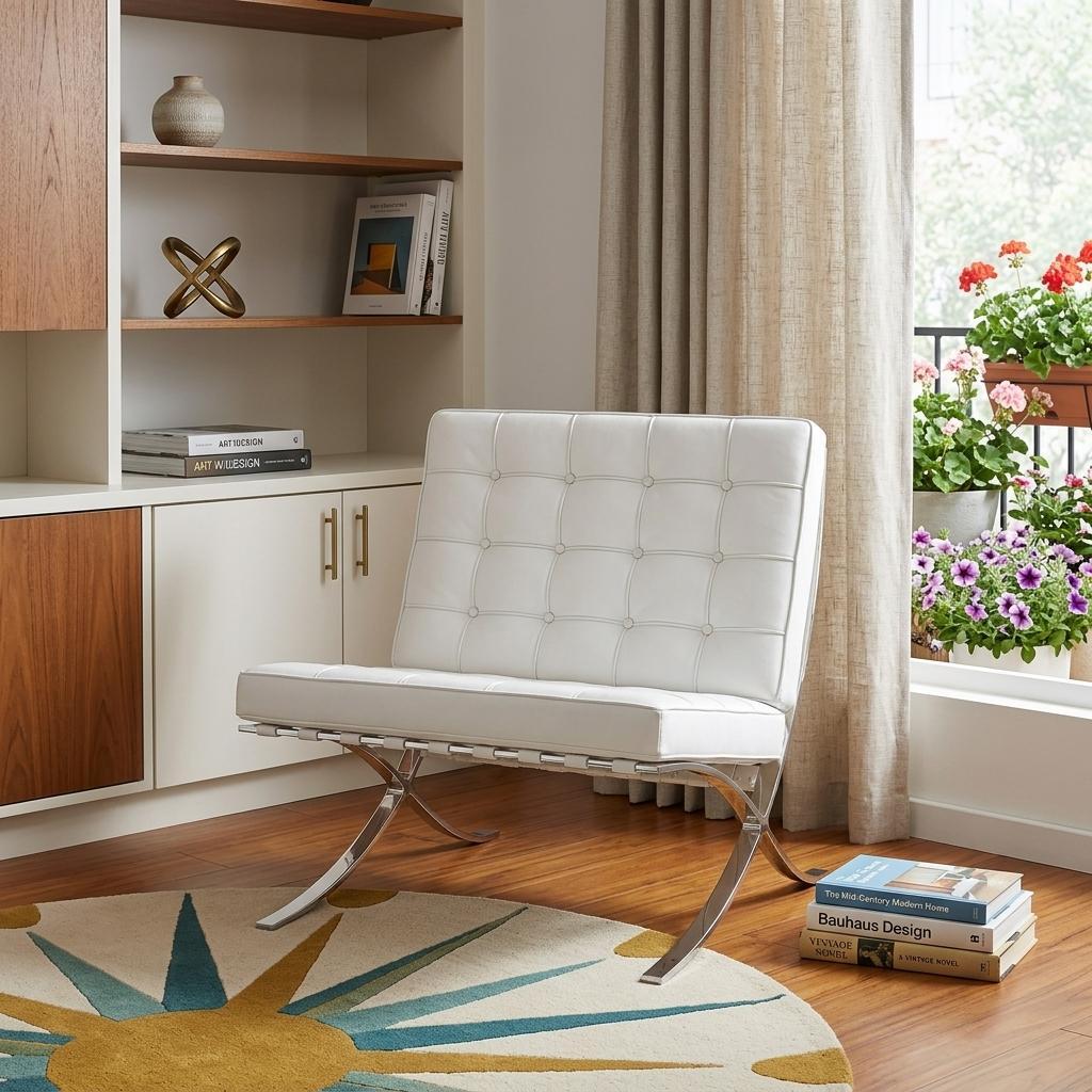 White & Silver Italian Leather Tufted Lounge Chair