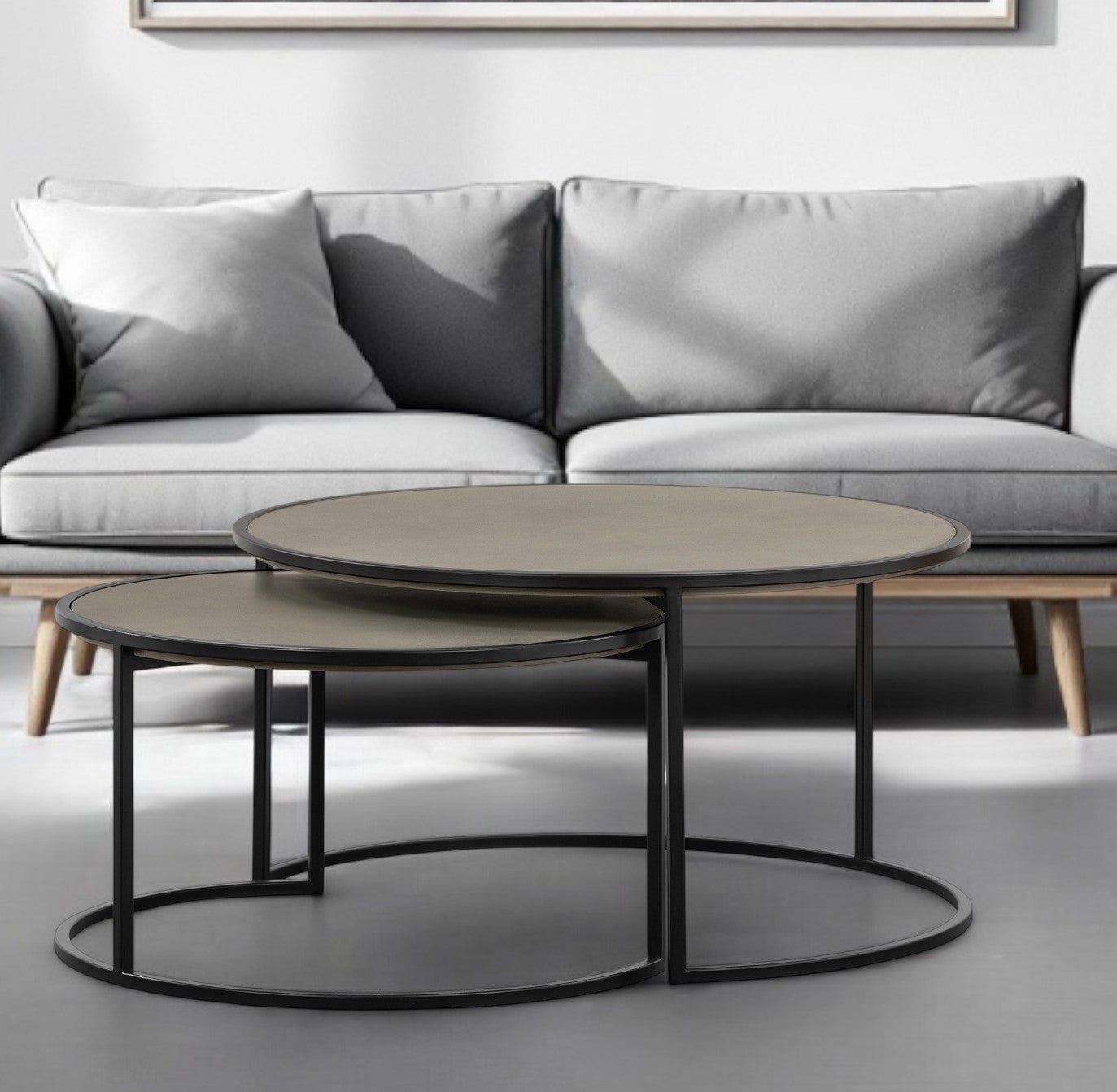 Set of 2 32" Gray & Black Concrete & Metal Round Nested Coffee Tables image 1