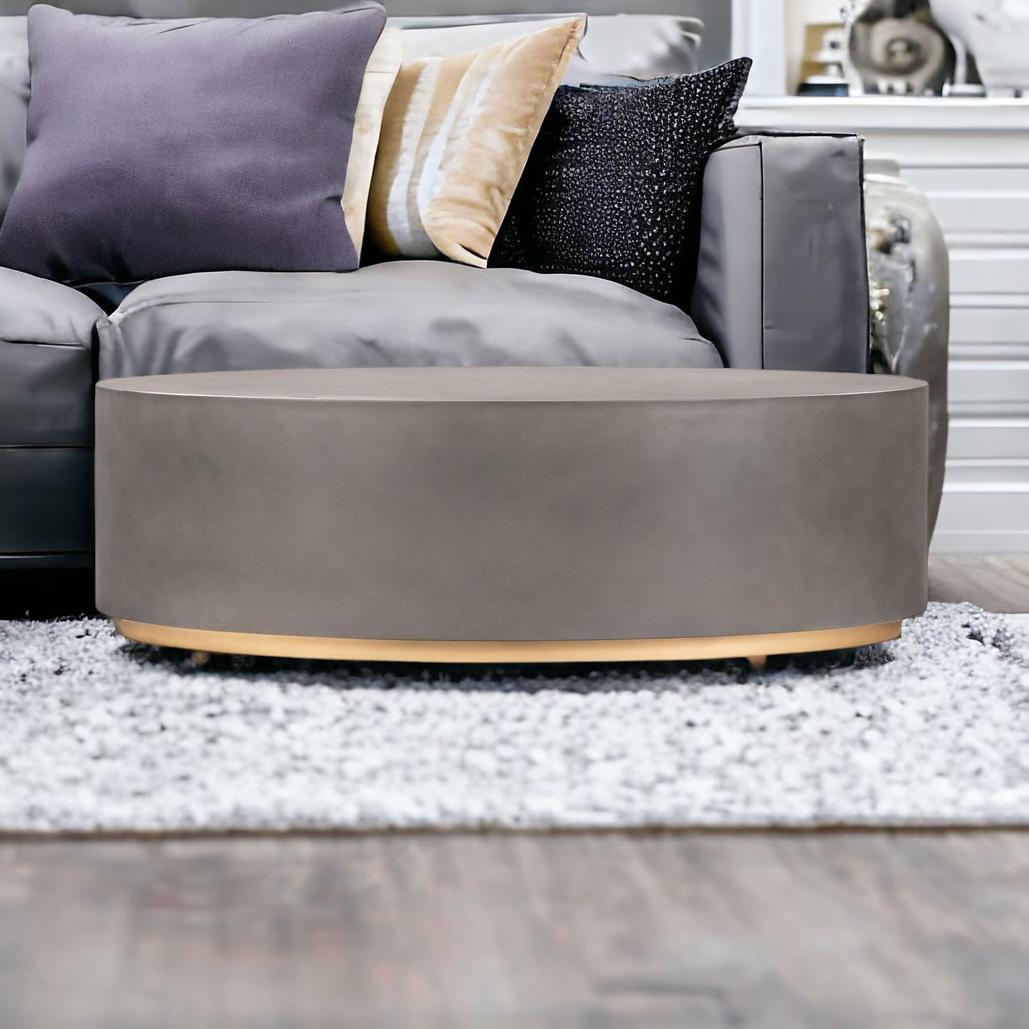Gray & Brass Concrete & Brass Oval Coffee Table